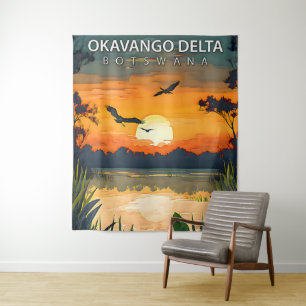Okavango-Delta – Retro-Reiseplakat von Botswana Wandteppich