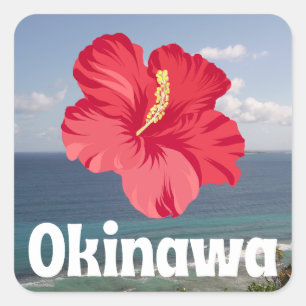 Okinawa Landschaftlich View & Hibiskus Poster Quadratischer Aufkleber