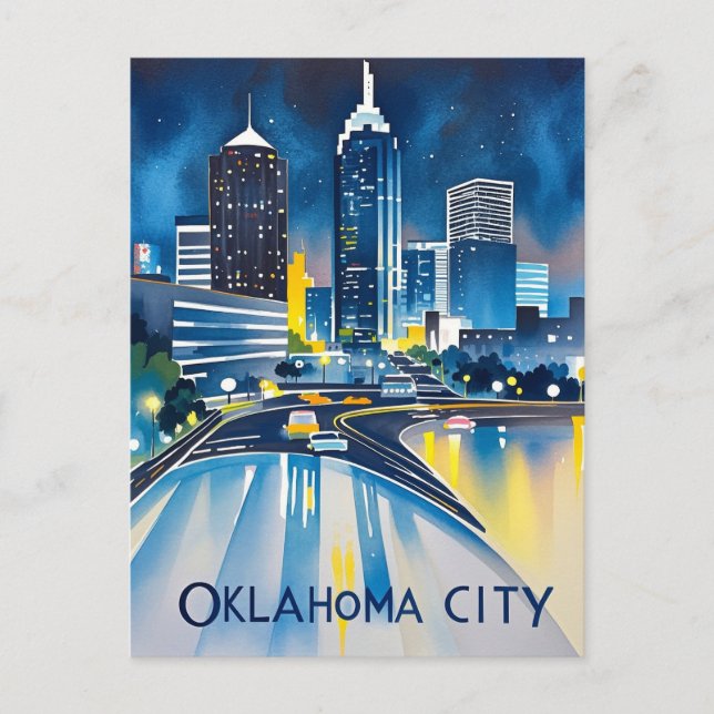 Oklahoma City Night Watercolor Postkarte (Vorderseite)