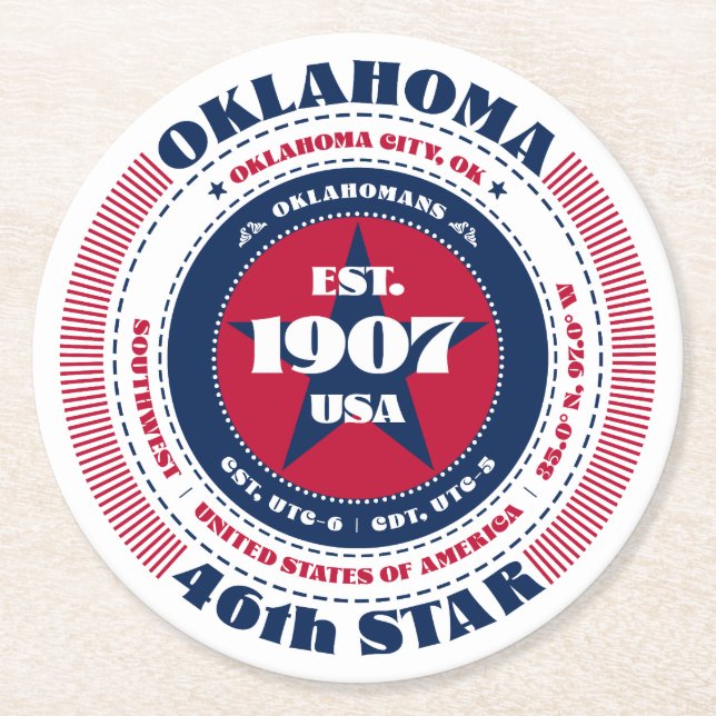Oklahoma Red White Blue Typografie Runder Pappuntersetzer (Vorderseite)
