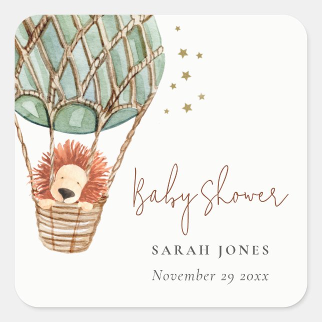 Öko Green Hot Air Ballon Löwe Magical Baby Dusche Quadratischer Aufkleber (Vorderseite)