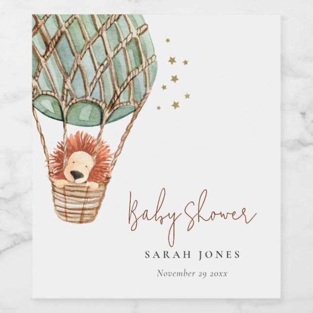 Öko Green Hot Air Ballon Löwe Magical Baby Dusche Weinetikett (Einzelnes Label)