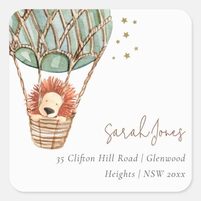 Öko Green Hot Air Ballon Löwe Magische Adresse Quadratischer Aufkleber (Vorderseite)