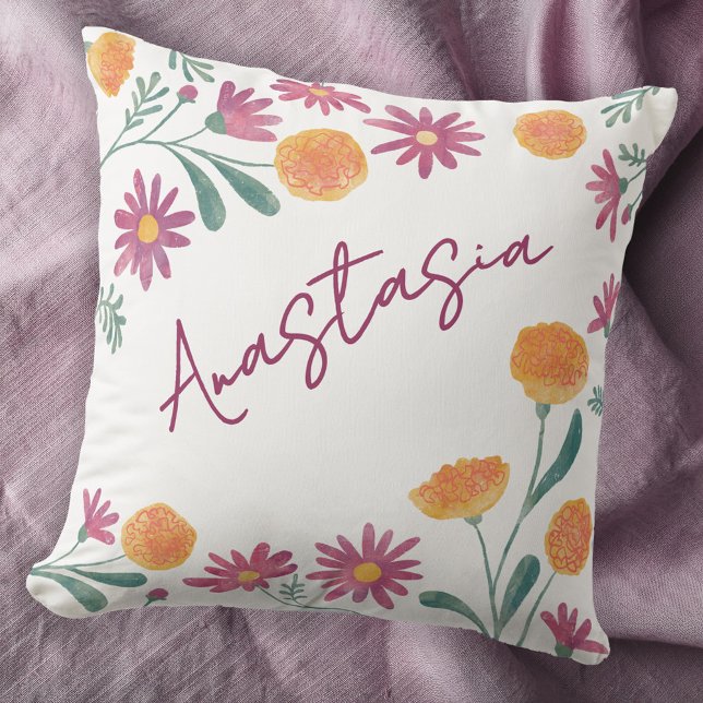 Oktober-Geburtsmonat Ringelblume Kosmos Personalis Kissen (October birthday personalized birth month flower marigold cosmos floral watercolor throw pillow gift)