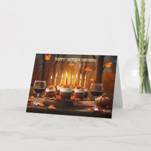 Oktober Geburtstag mit Cupcakes fallenden Blättern Feiertagskarte