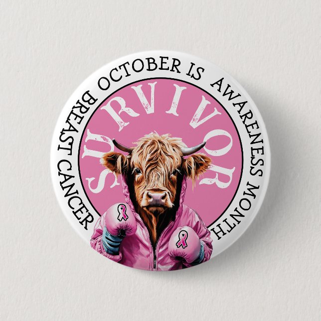 Oktober ist Brustkrebs-Bewusstsein Pink Survivor Button (Vorderseite)