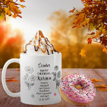 Oktober Marigold und Cosmos Geburtstag Keepake Kaffeetasse<br><div class="desc">Im Oktober gibt es zwei Blume und zwei Edelsteine zur Geburtstagsfeier für diesen Monat: Blume - Süchtig und Kosmos; Edelsteine - rosa Turmalin und Opal. Dieses Design bietet alles. Dieses Design zeigt Details in Weiß, Schwarz und Edelsteinfarben. Wir haben ihn mit einem "glücklichen Geburtstag"-Gruß gepaart, zusammen mit dem Namen des...</div>