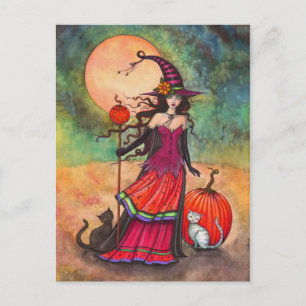 Oktober Moon Hexe Cat Halloween Fantasy Art Postkarte