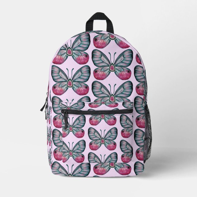Oktober Pink Glasswing Butterfly Design Bedruckter Rucksack (Vorderseite)