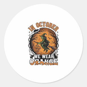 Oktober Wir Tragen Orange Fliegende Hexe Kürbisse  Runder Aufkleber