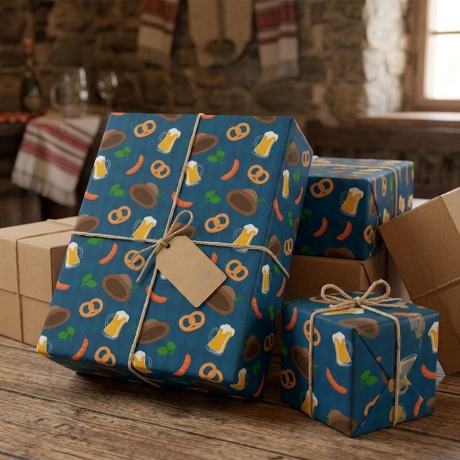 Oktoberfest Beer, Bretzel & Wurstmuster Wrappi Geschenkpapier (Von Creator hochgeladen)