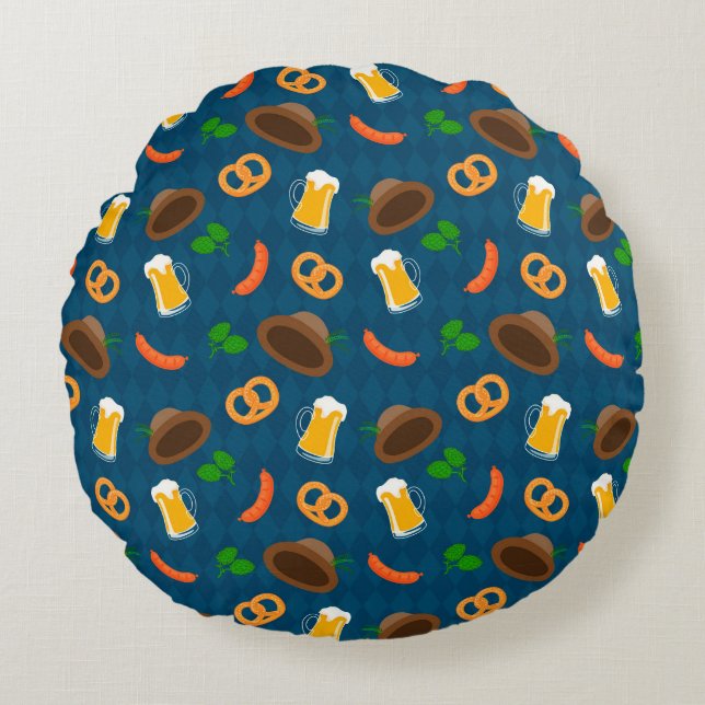 Oktoberfest-Biersorte, Bretzel- und Wurstmuster Rundes Kissen (Vorderseite)