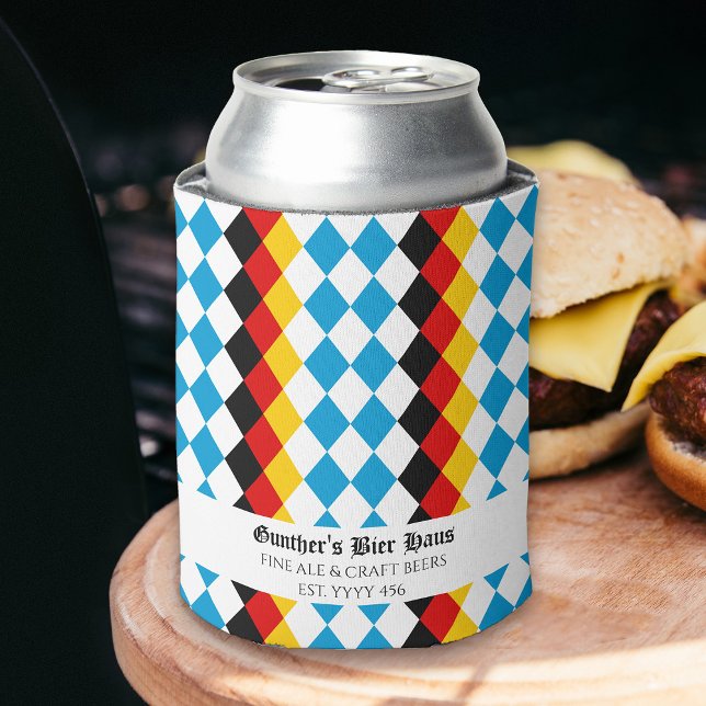 Oktoberfest Custom Blue White Black Red Gelb Dosenkühler (Oktoberfest themed beer can cooler personalized with your name, event, bar or craft beer business)