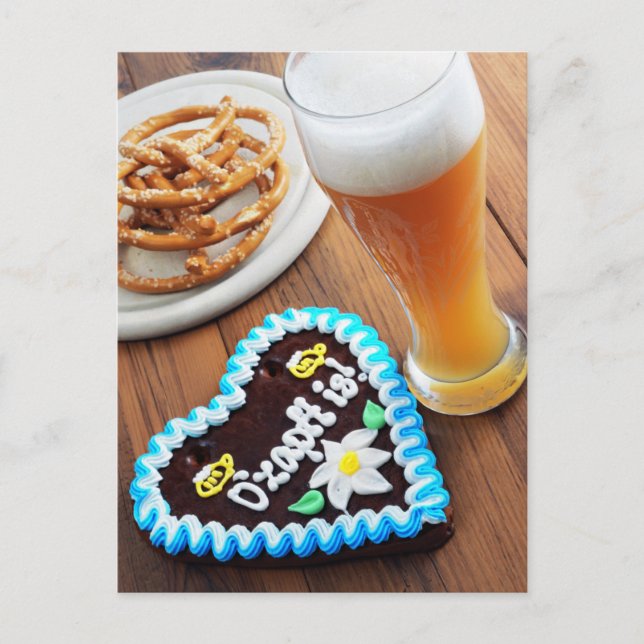 Oktoberfest Lebkuchenherz mit Brezel Bier Postkarte (Vorderseite)
