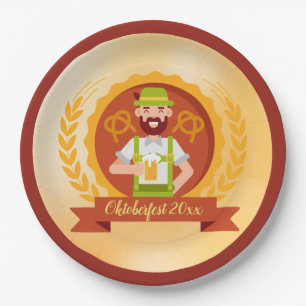 Oktoberfest Mann in Almhut mit Bier Pappteller