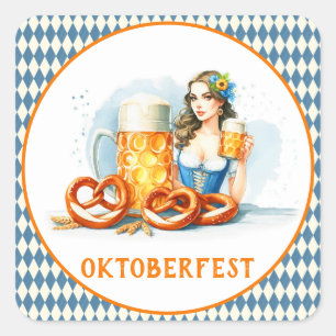 Oktoberfest Party mit Bier und Salzbrezeln ai Quadratischer Aufkleber