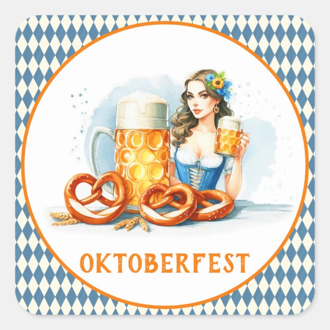 Oktoberfest Party mit Bier und Salzbrezeln ai Quadratischer Aufkleber (Vorderseite)