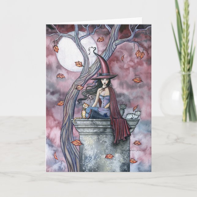 Oktoberwinde Halloween Hexenkatze Karte (Vorderseite)