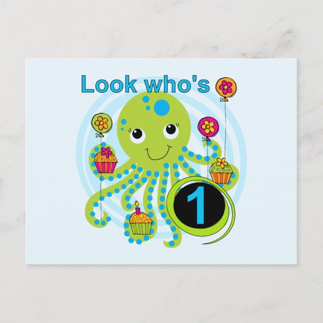 Oktopus 1. Geburtstag T - Shirt und Geschenke Postkarte (Vorderseite)