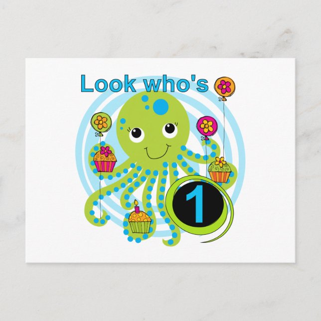 Oktopus 1. Geburtstag T - Shirt und Geschenke Postkarte (Vorderseite)