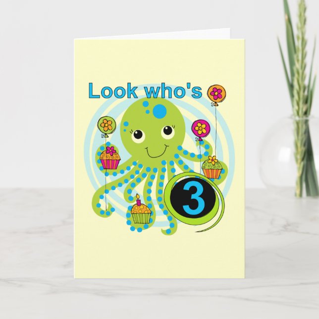 Oktopus 3. Geburtstag T - Shirt und Geschenke Karte (Vorderseite)