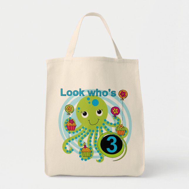 Oktopus 3. Geburtstag T - Shirt und Geschenke Tragetasche (Vorne)