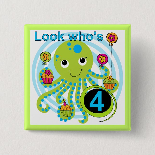 Oktopus 4. Geburtstag T Shirts und Geschenke Button (Vorderseite)