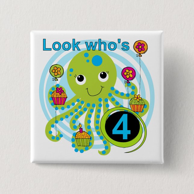 Oktopus 4. Geburtstag T Shirts und Geschenke Button (Vorderseite)