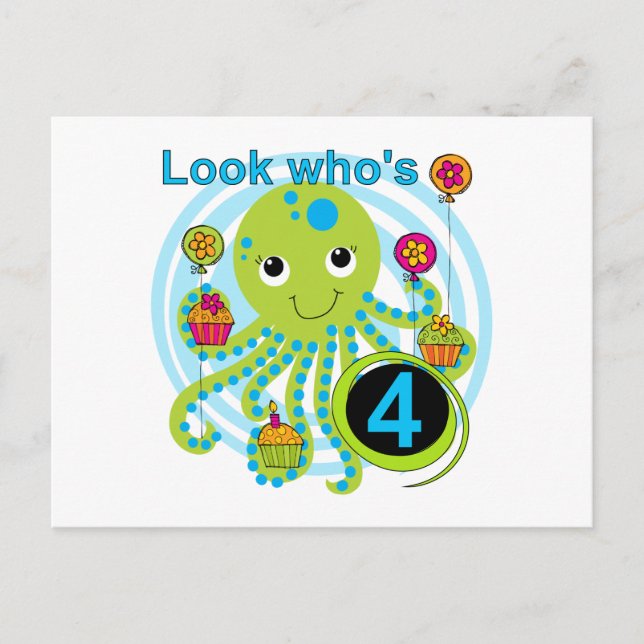 Oktopus 4. Geburtstag T Shirts und Geschenke Postkarte (Vorderseite)