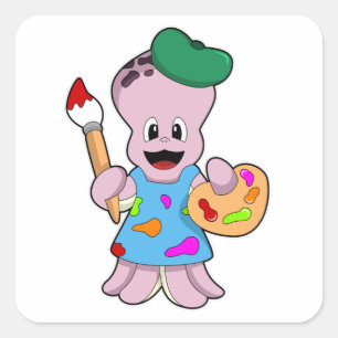 Oktopus als Maler mit Pinsel Quadratischer Aufkleber