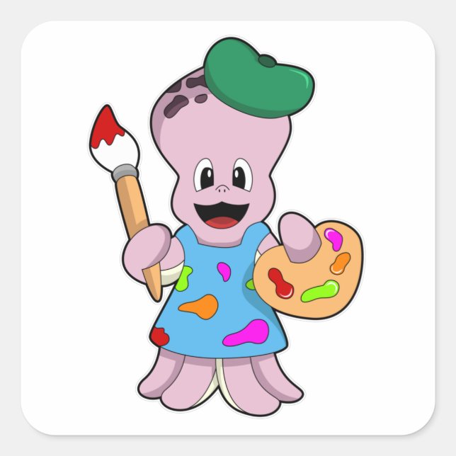 Oktopus als Maler mit Pinsel Quadratischer Aufkleber (Vorderseite)