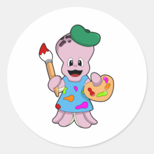 Oktopus als Maler mit Pinsel Runder Aufkleber