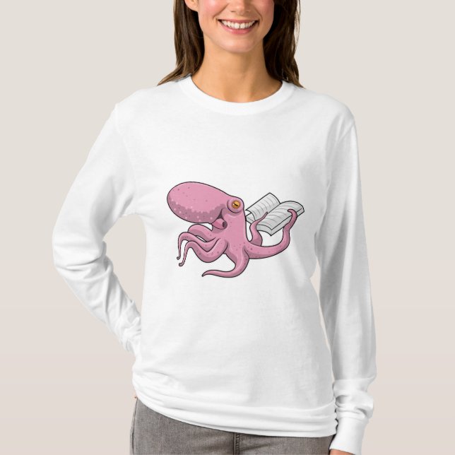 Oktopus als Nerd mit Buch T-Shirt (Vorderseite)