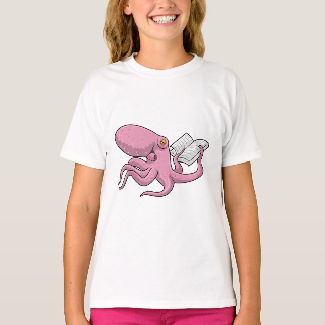 Oktopus als Nerd mit Buch T-Shirt (Vorderseite)
