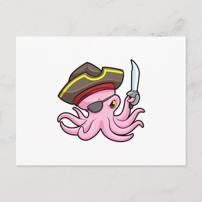 Oktopus als Piraten mit Säbel- und Augenpflaster Postkarte (Vorderseite)