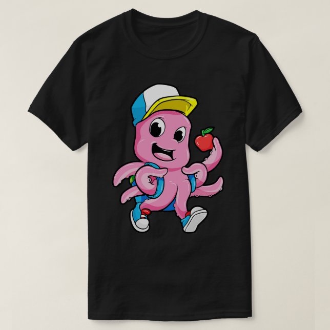 Oktopus als Student mit Rucksack und Apfel T-Shirt (Design vorne)