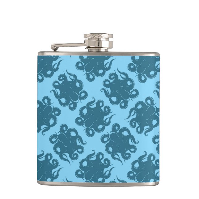 Oktopus auf Blauem Muster Flachmann (Vorderseite)