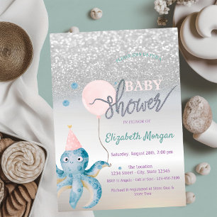 Oktopus Ballon Silber Bokeh Baby Shower Einladung