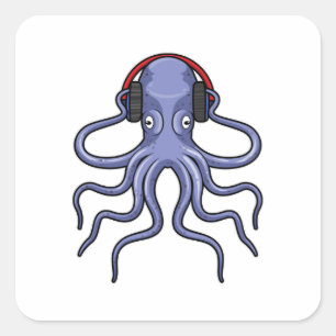 Oktopus bei Musik mit Kopfhörer Quadratischer Aufkleber