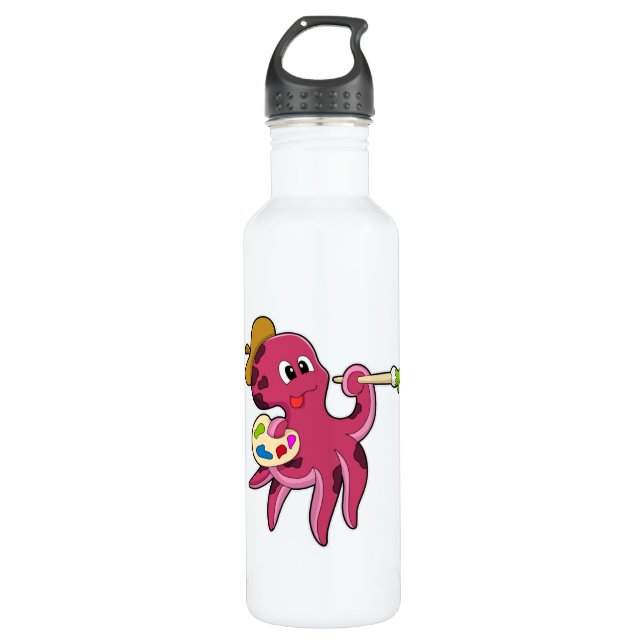 Oktopus beim Anmalen mit Pinsel und Farbe Edelstahlflasche (Vorderseite)