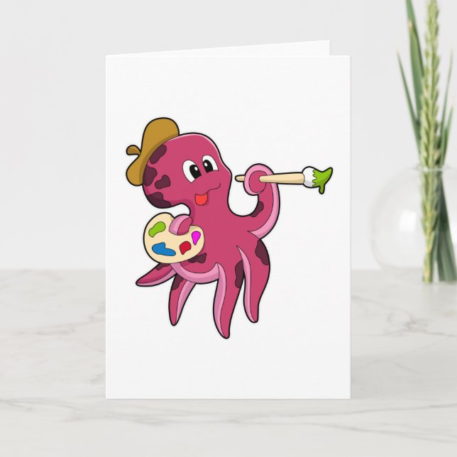 Oktopus beim Anmalen mit Pinsel und Farbe Karte (Vorderseite)