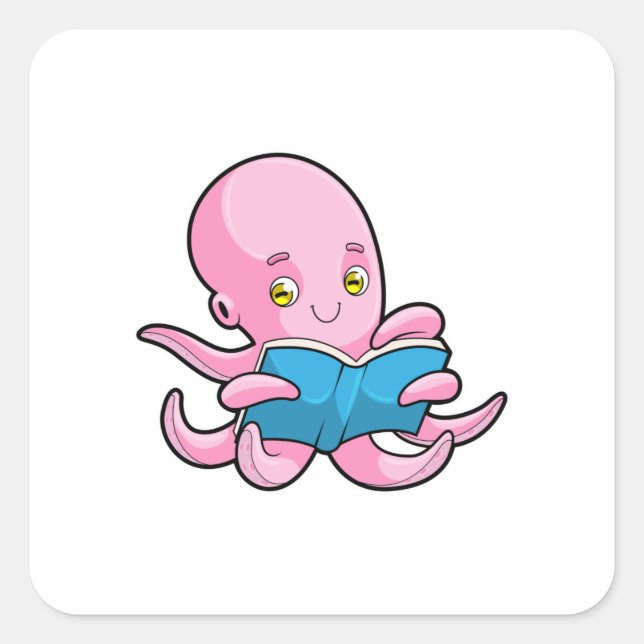 Oktopus beim Lesen eines Buches Quadratischer Aufkleber (Vorderseite)