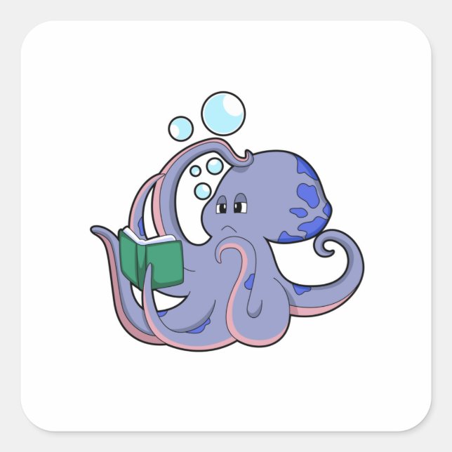Oktopus beim Lesen mit Buch Quadratischer Aufkleber (Vorderseite)