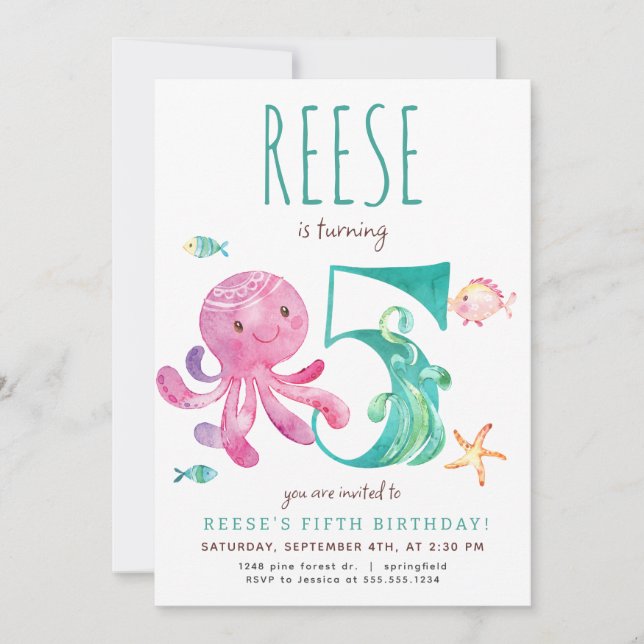 Oktopus Fünfter Geburtstag Einladung (Vorderseite)