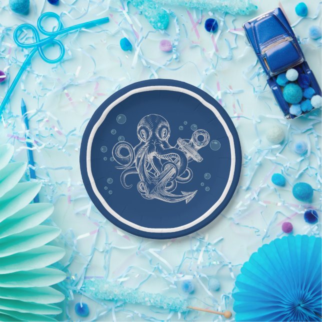 Oktopus Holding Anchor Pappteller (Party)