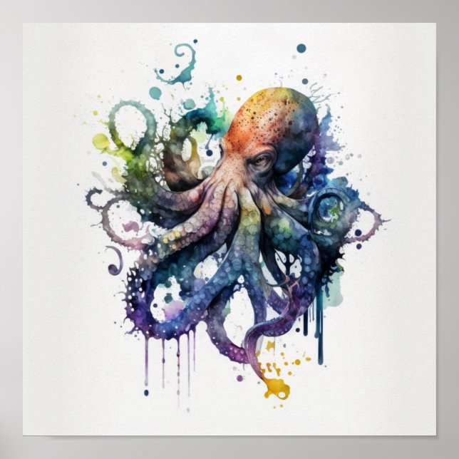Oktopus in Aquarellkronen Poster (Vorne)