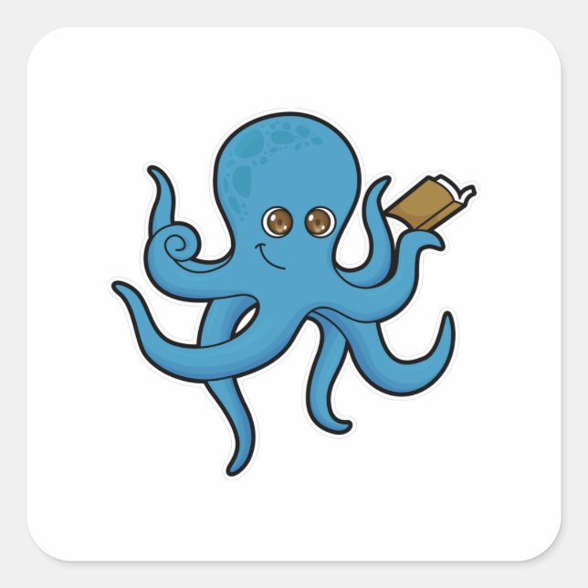Oktopus mit Buch Quadratischer Aufkleber (Vorderseite)