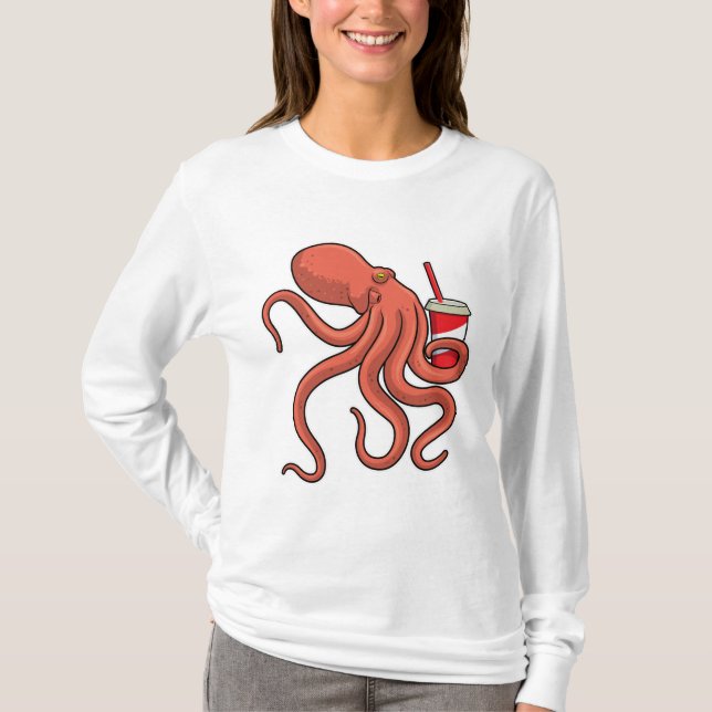 Oktopus mit Getränk T-Shirt (Vorderseite)