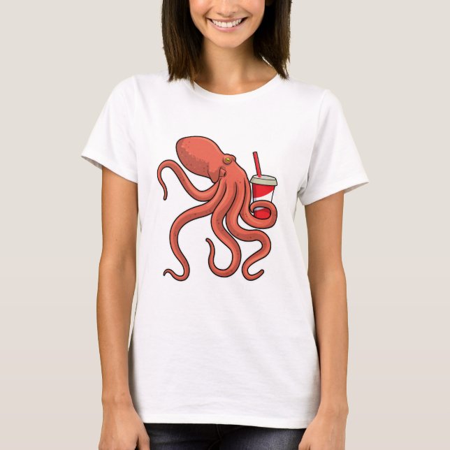 Oktopus mit Getränk T-Shirt (Vorderseite)