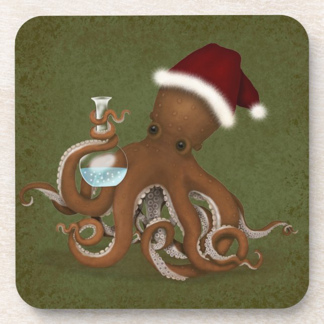 Oktopus mit Glaskolben und Weihnachtsmannmütze Wei Getränkeuntersetzer (Vorderseite)